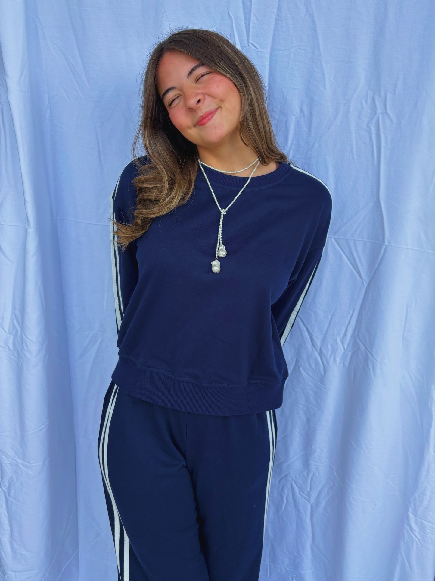 Striped Crewneck/ Pants Set- Navy
