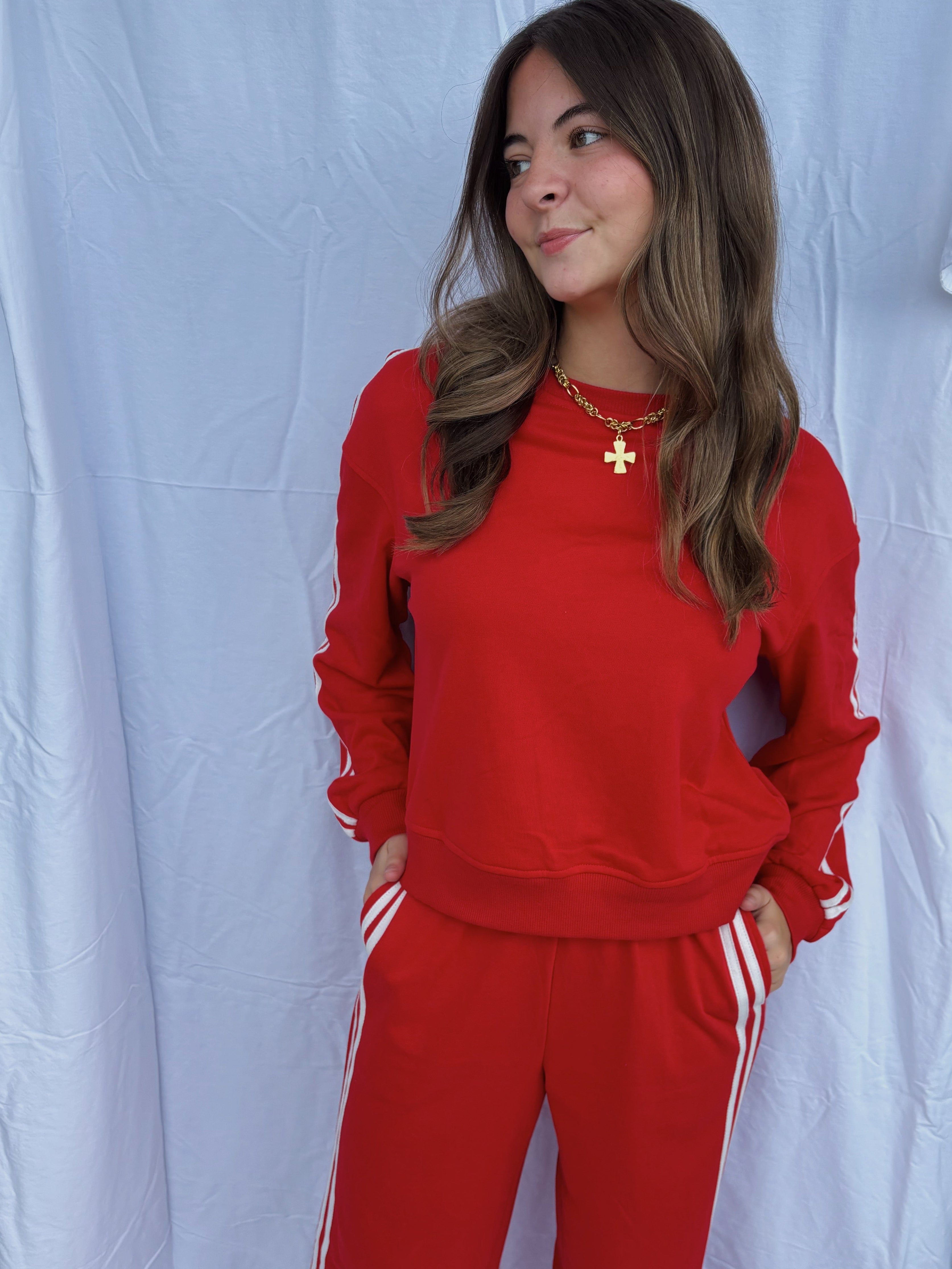 Striped Crewneck/ Pants Set- Red