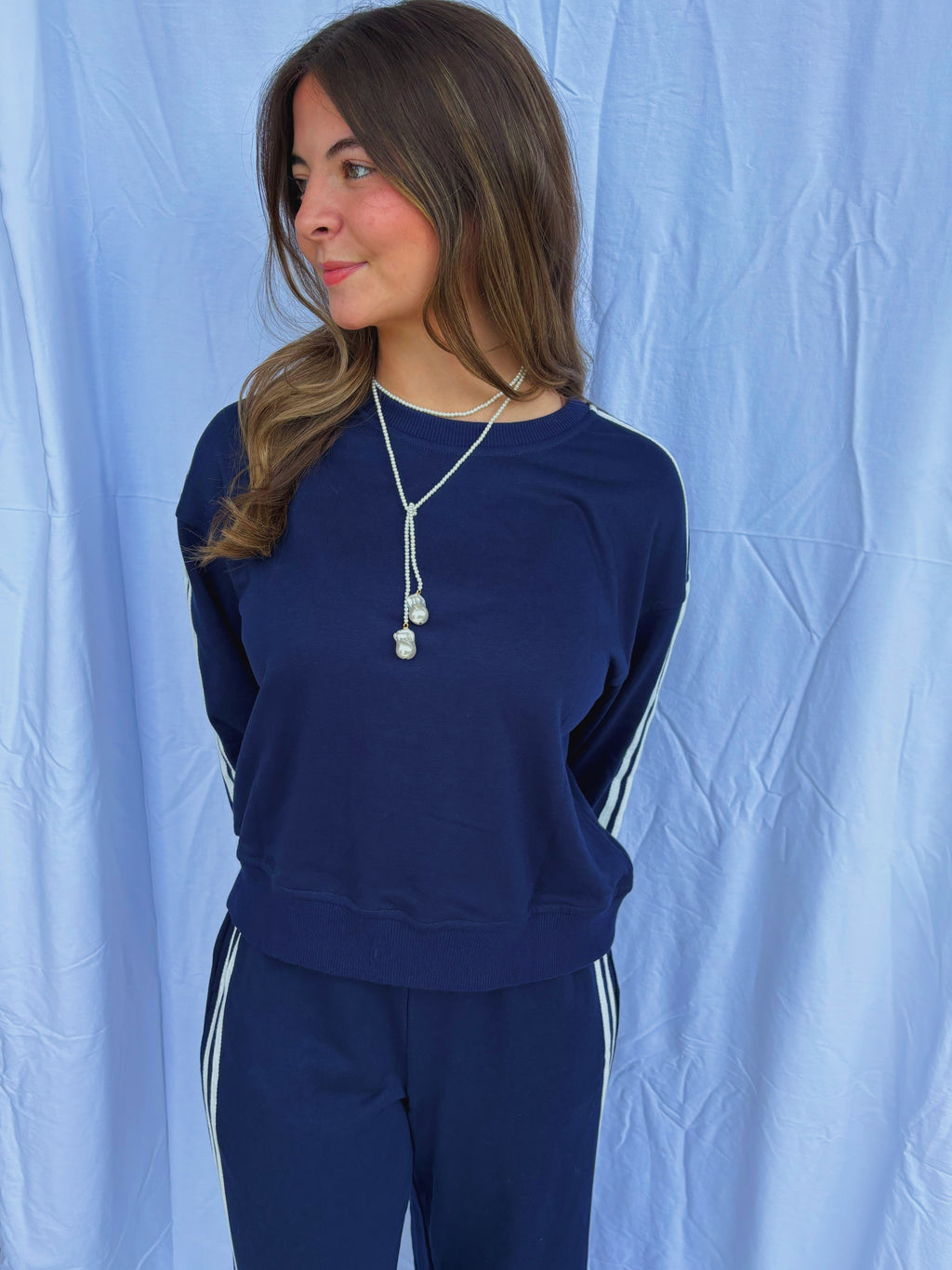 Striped Crewneck/ Pants Set- Navy