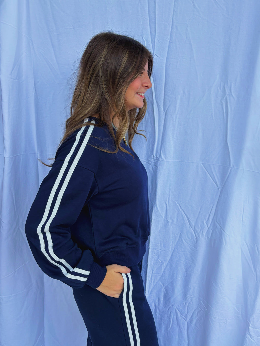Striped Crewneck/ Pants Set- Navy